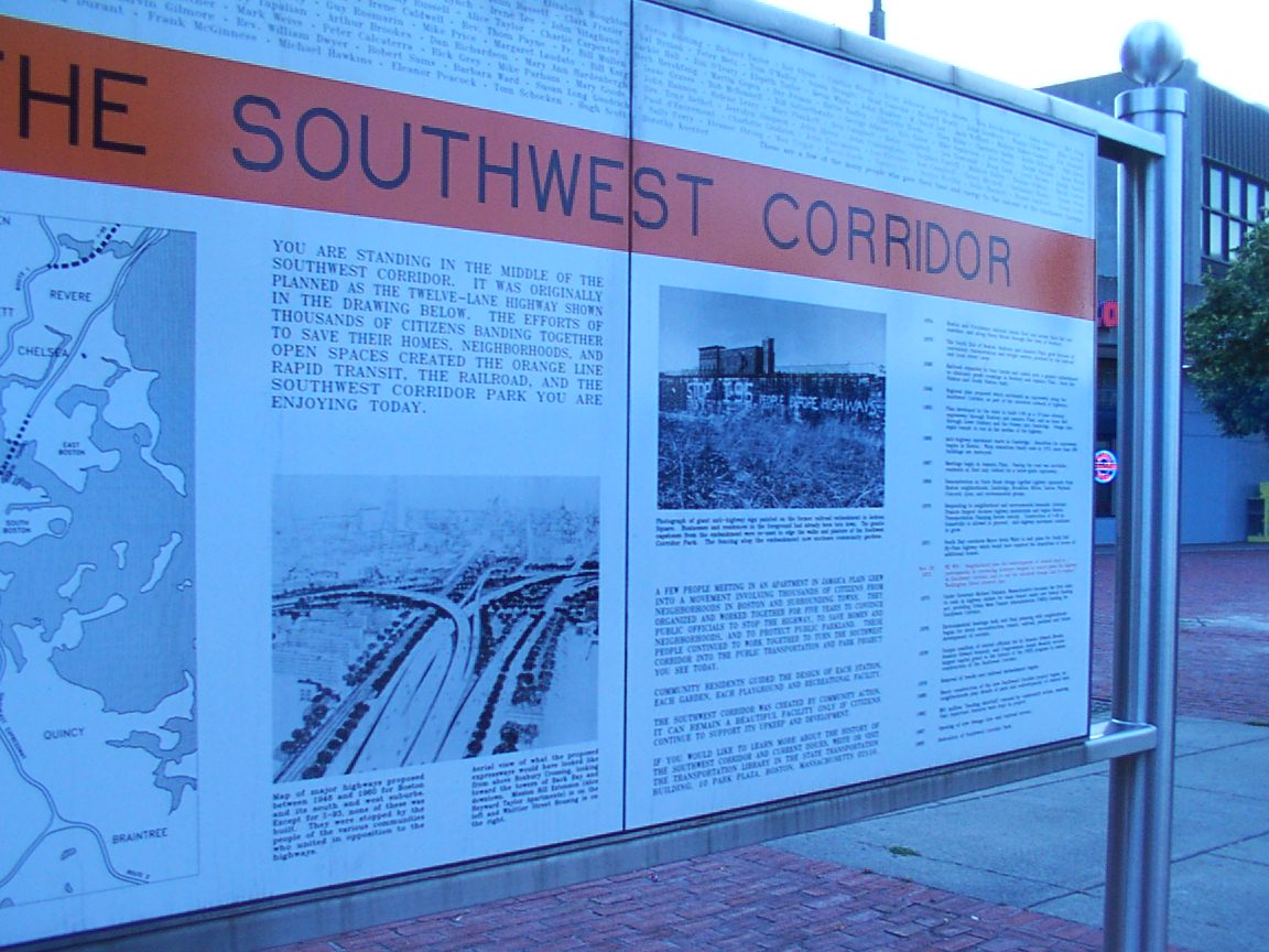 Sign near Roxbury Crossing MBTA station details history of the park